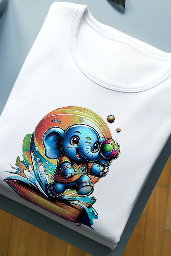 Elephant cartoon T-shirt for kids featuring a playful blue elephant with a colorful background. Soft cotton fabric, perfect for boys and girls' fun wear.