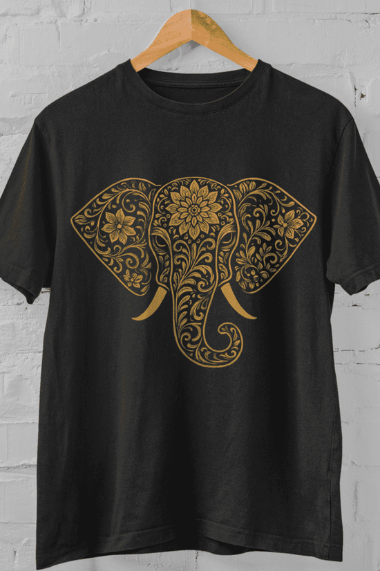 Elephant Print T-Shirt in classic black with intricate gold design, unisex cotton top ideal for artistic and cultural fashion lovers.