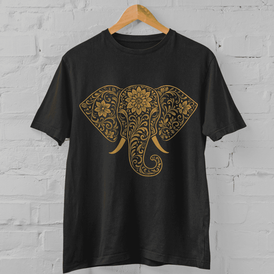 Elephant Print T-Shirt in classic black with intricate gold design, unisex cotton top ideal for artistic and cultural fashion lovers.