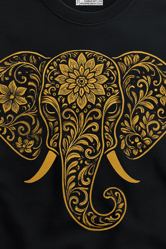Elephant Print T-Shirt – Intricate Gold Design on Classic Black