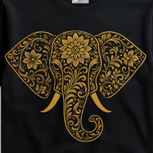 Elephant Print T-Shirt – Intricate Gold Design on Classic Black