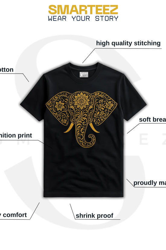 Elephant Print T-Shirt – Intricate Gold Design on Classic Black