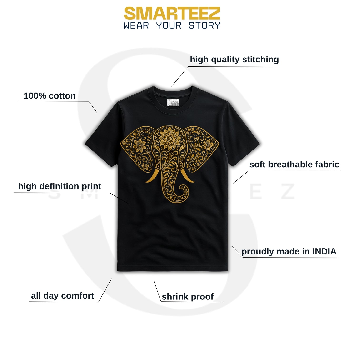 Elephant Print T-Shirt – Intricate Gold Design on Classic Black