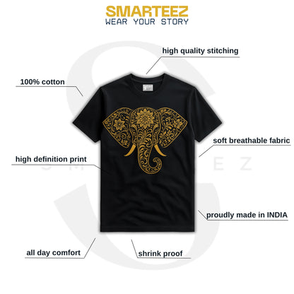 Elephant Print T-Shirt – Intricate Gold Design on Classic Black