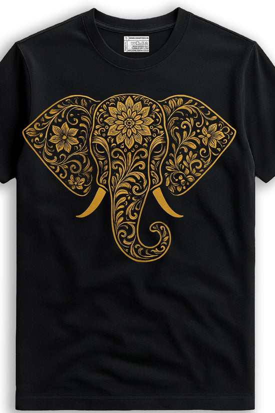 Elephant Print T-Shirt – Intricate Gold Design on Classic Black