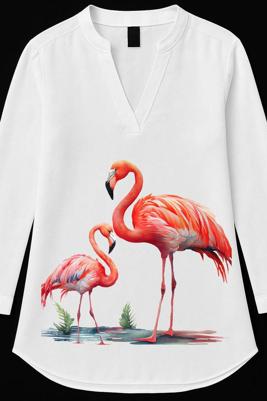 Exotic Flamingo Women's Kurti featuring vibrant flamingo prints on white cotton fabric with a V-neck and three-quarter sleeves. Nature kurti ideal for casual wear.