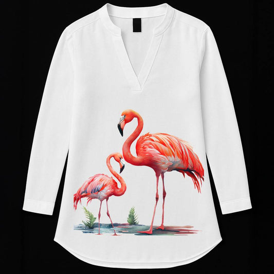 Exotic Flamingo Women's Kurti featuring vibrant flamingo prints on white cotton fabric with a V-neck and three-quarter sleeves. Nature kurti ideal for casual wear.