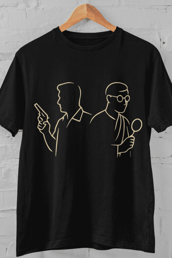 Feluda & Byomkesh T-Shirt - Detective Legends | Cotton T-Shirt featuring minimalist line art of iconic Bengali detectives on black fabric.
