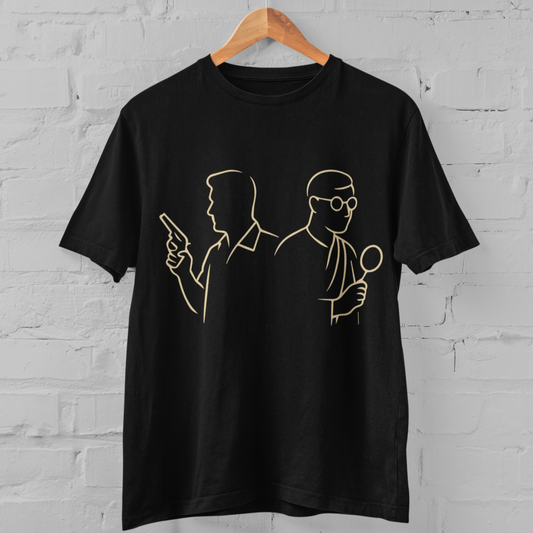 Feluda & Byomkesh T-Shirt - Detective Legends | Cotton T-Shirt featuring minimalist line art of iconic Bengali detectives on black fabric.