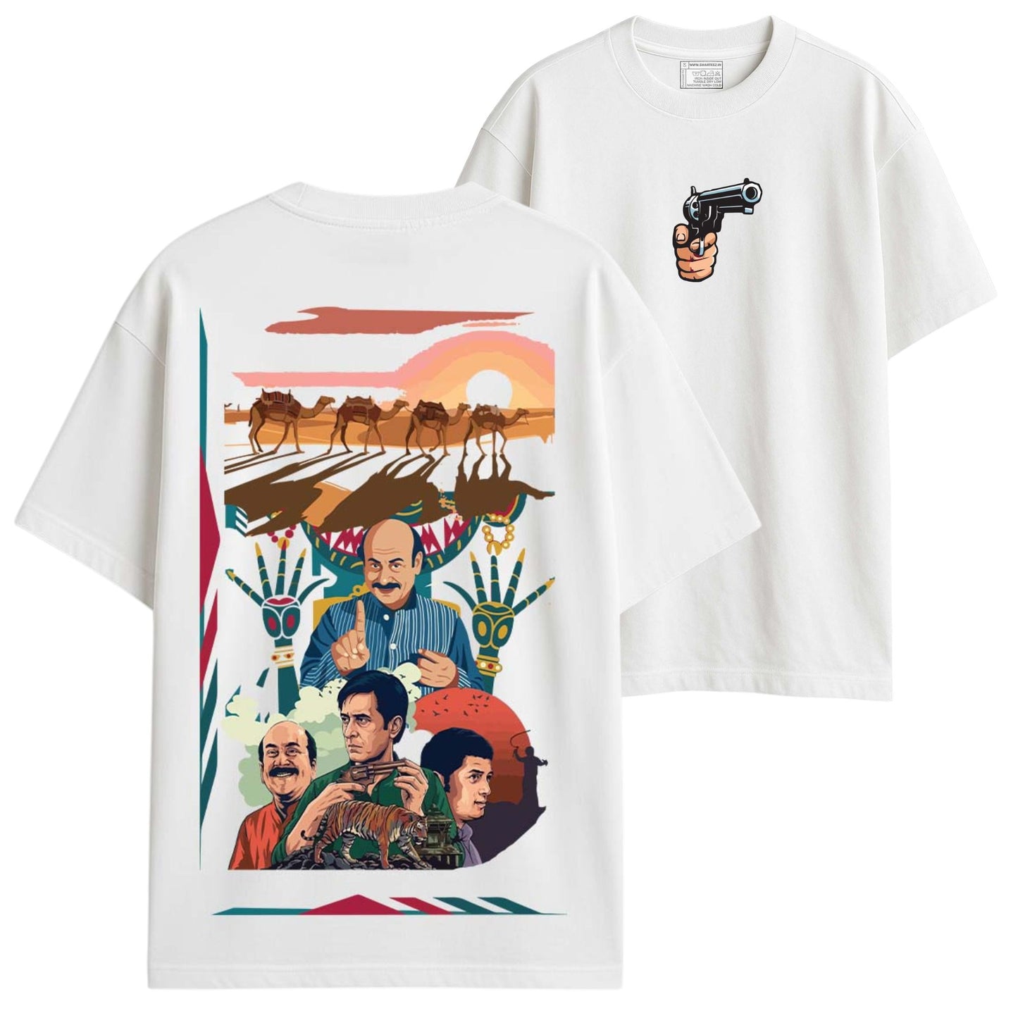 Front view of white Feluda oversized T-shirt with revolver and hand graphic print, feature callouts showing 100% cotton and heavyweight drop-shoulder fit