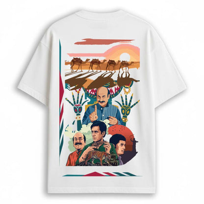 Front and back flat lay of Feluda oversized T-shirt — revolver print on front, full illustrated desert chase tribute artwork on back