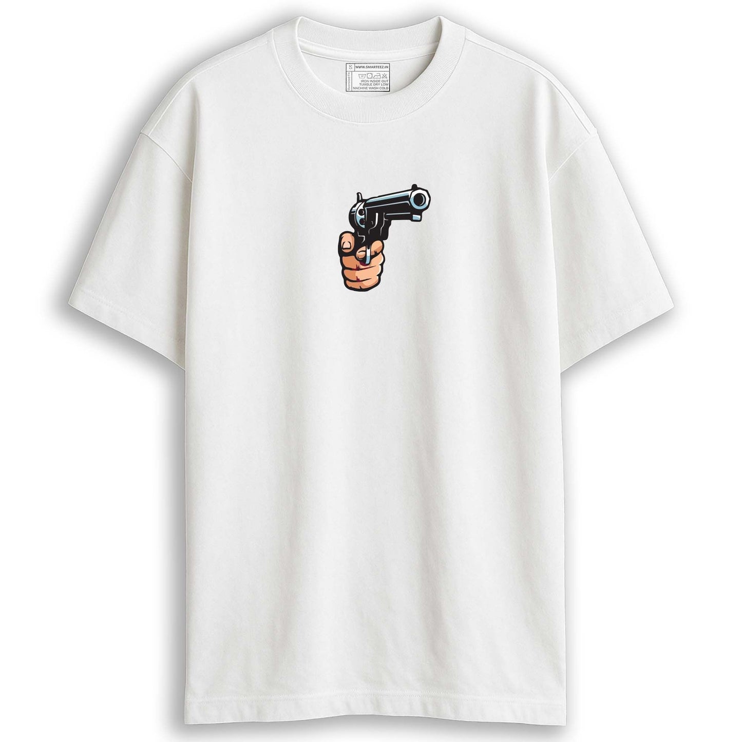 Back view flat lay of Feluda oversized T-shirt showing full tribute illustration — Rajasthan desert camel caravan, villain, and Feluda with Topshe and Jatayu