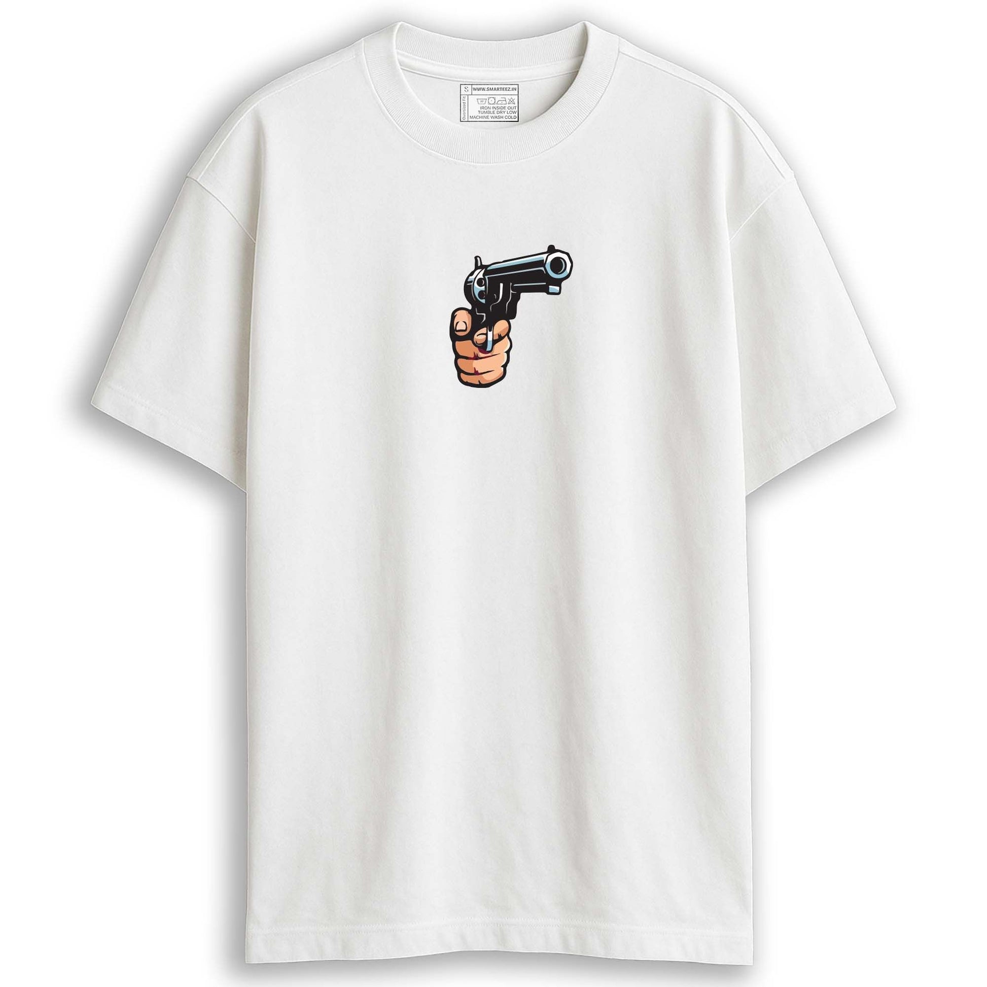 Back view flat lay of Feluda oversized T-shirt showing full tribute illustration — Rajasthan desert camel caravan, villain, and Feluda with Topshe and Jatayu