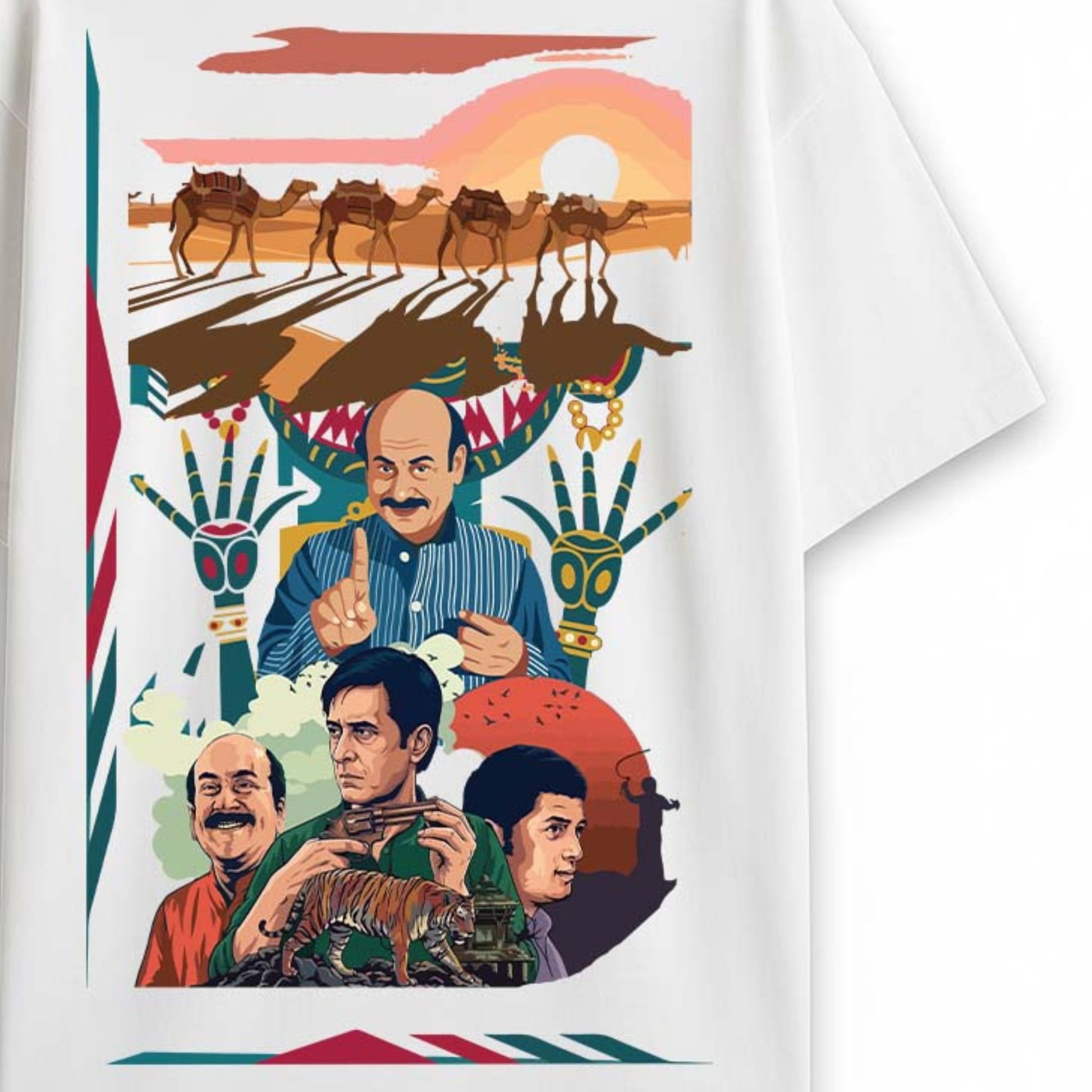 Front view of white Feluda oversized T-shirt with black revolver and hand graphic print on heavyweight cotton