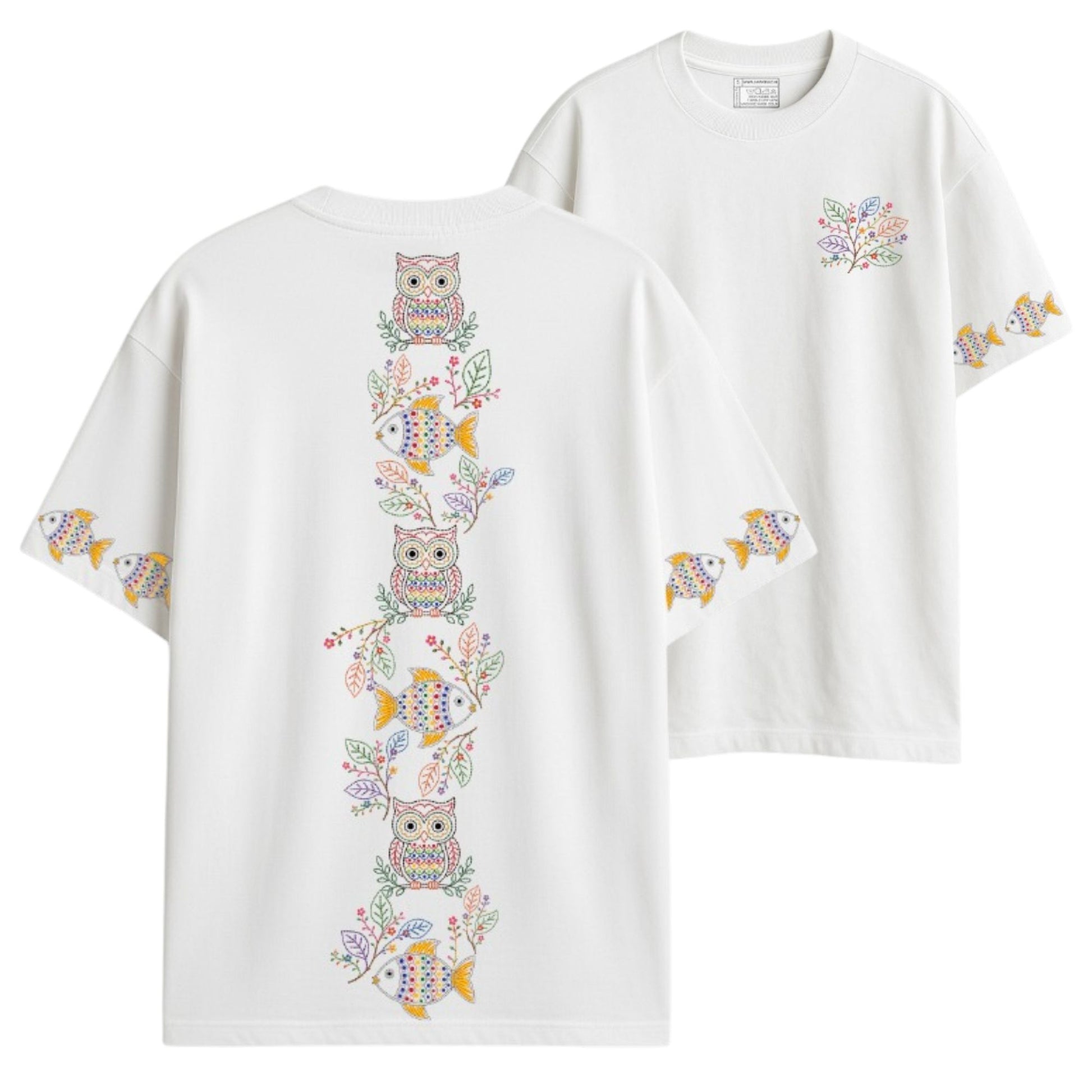 Close-up of Owl & Fish oversized T-shirt showing Kantha-inspired embroidery-style owl, fish, and floral branch print detail on white cotton