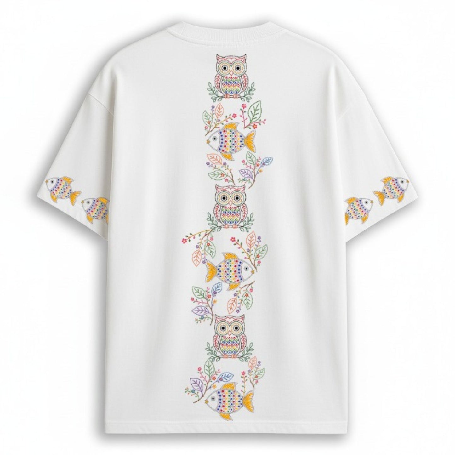 White Owl & Fish oversized T-shirt with Kantha folk embroidery-style floral chest print and fish sleeve motifs, feature callouts showing 100% cotton