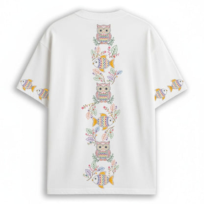 White Owl & Fish oversized T-shirt with Kantha folk embroidery-style floral chest print and fish sleeve motifs, feature callouts showing 100% cotton