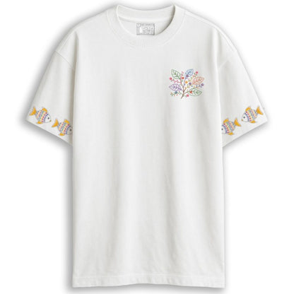 Front and back flat lay of Owl & Fish oversized T-shirt — floral chest print on front, vertical owl and fish Kantha embroidery-style column on back