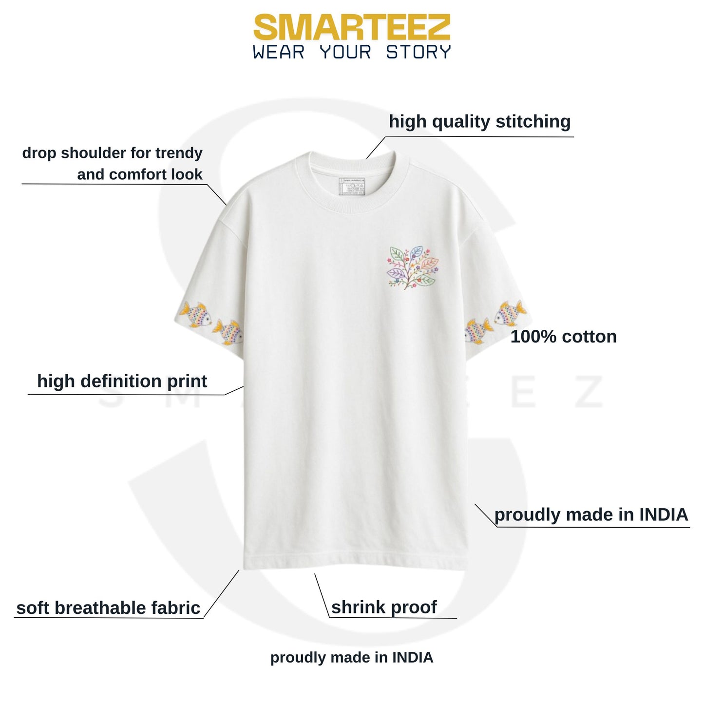 Front view flat lay of white Owl & Fish oversized T-shirt with Kantha-inspired floral chest print and fish motifs on sleeves