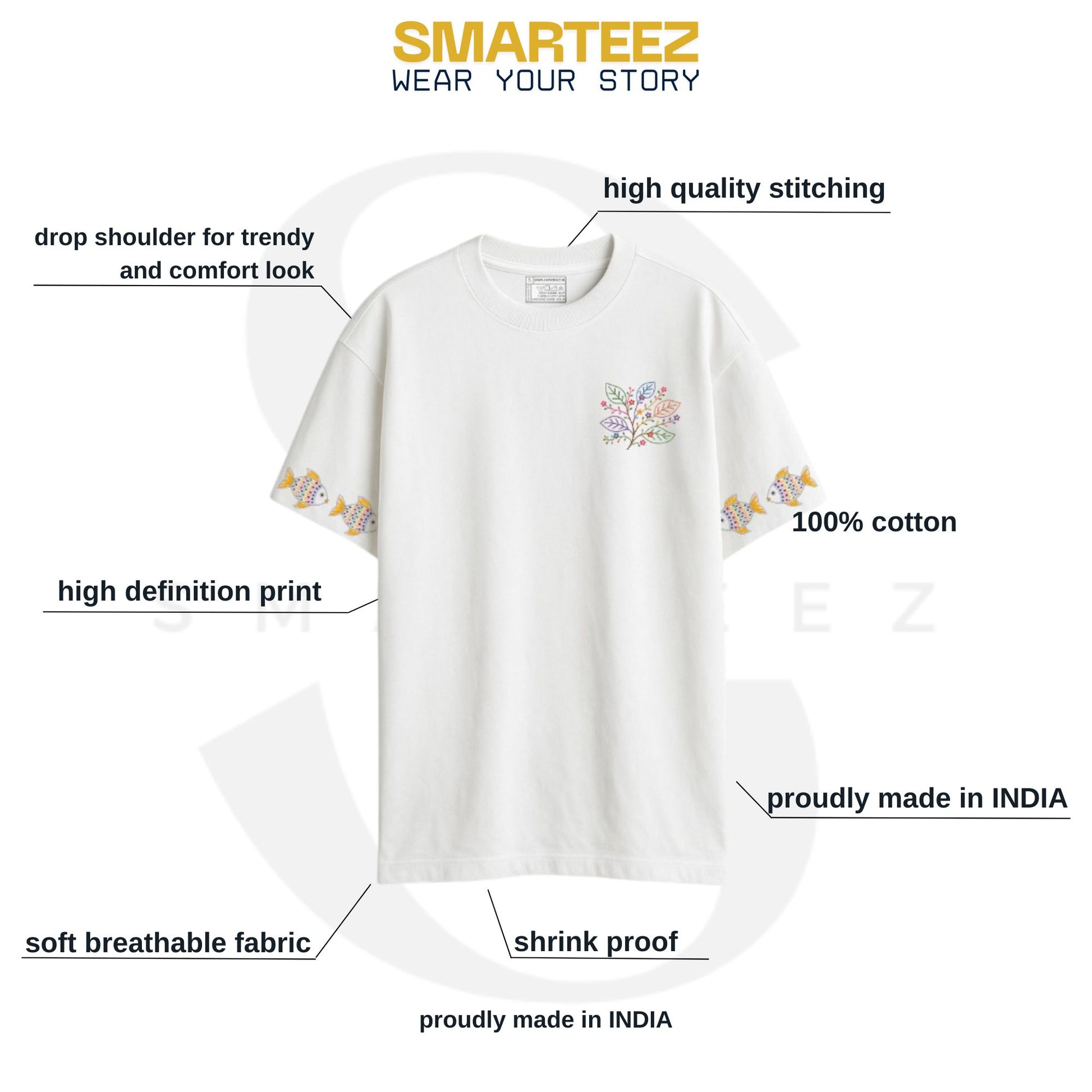 Front view flat lay of white Owl & Fish oversized T-shirt with Kantha-inspired floral chest print and fish motifs on sleeves