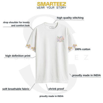 Front view flat lay of white Owl & Fish oversized T-shirt with Kantha-inspired floral chest print and fish motifs on sleeves