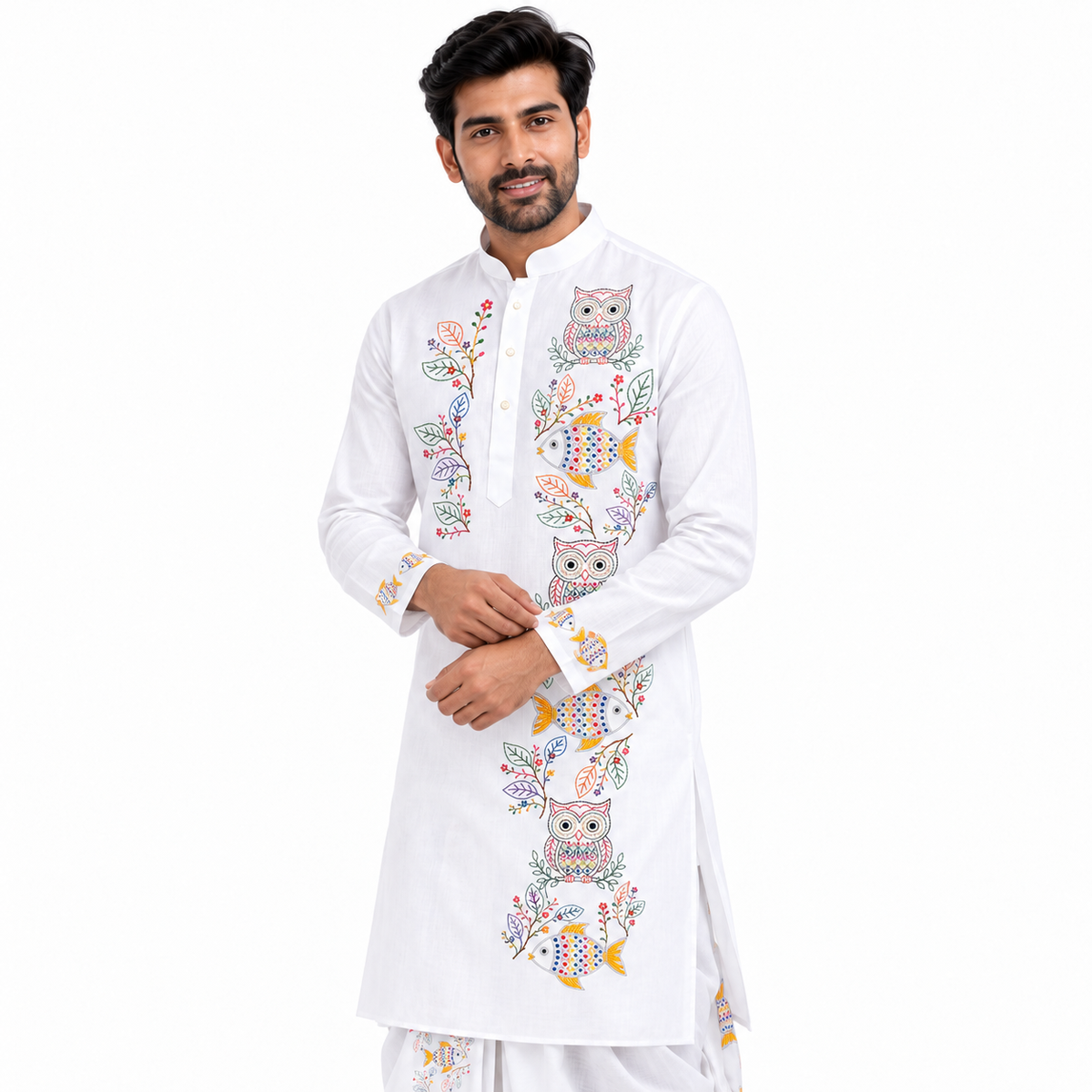 Owl & Fish Panjabi with traditional Bengali dhuti – Kantha stitch style HD printed men's Durga Puja set