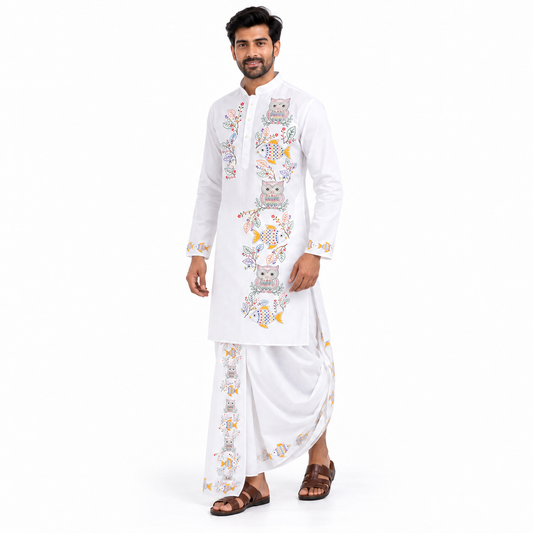 Men's Bengali Kantha stitch style owl and fish HD printed pure cotton panjabi and dhuti set by Smarteez