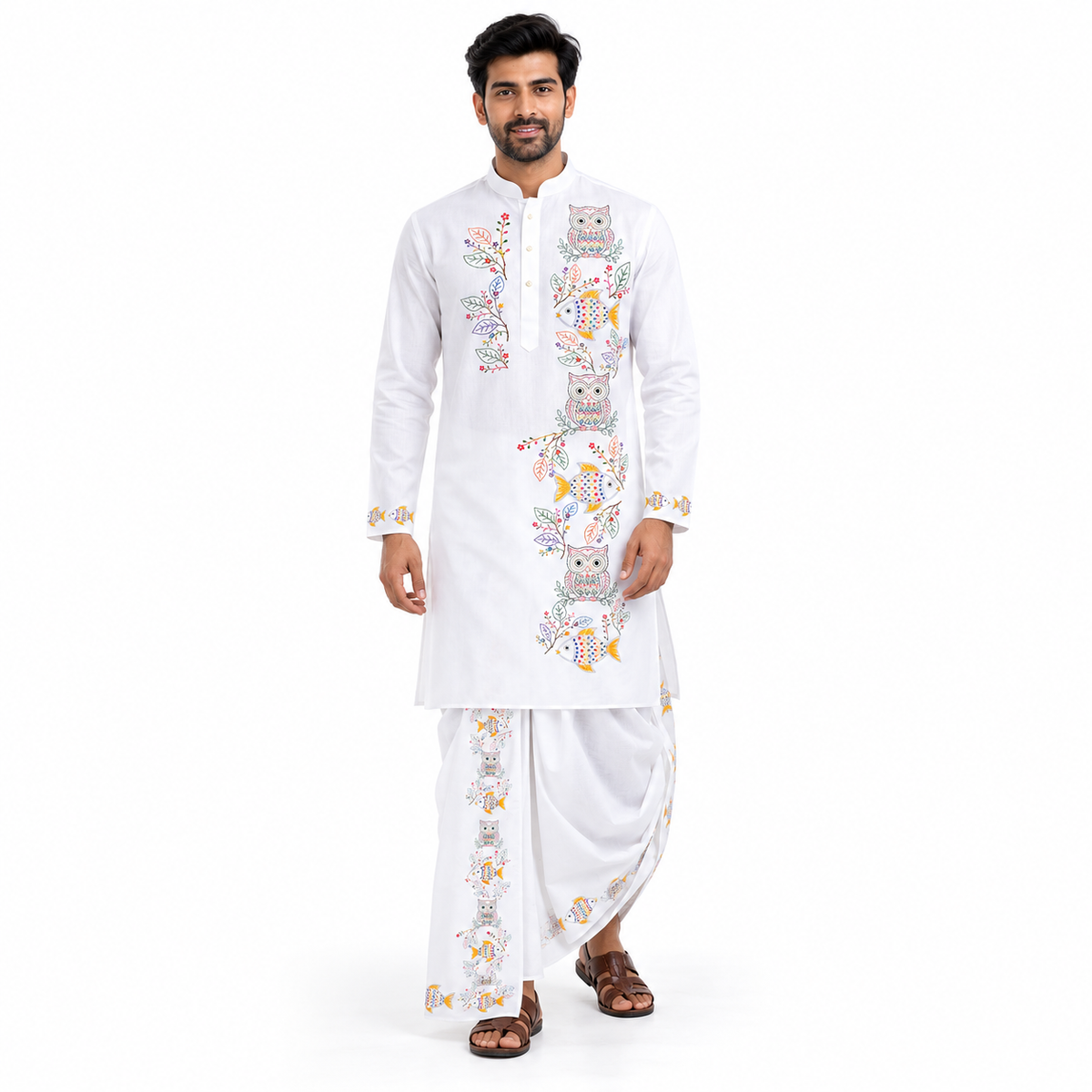 Smarteez owl and fish Kantha panjabi with 4.5m hand-draped dhuti for Durga Puja pandal hopping
