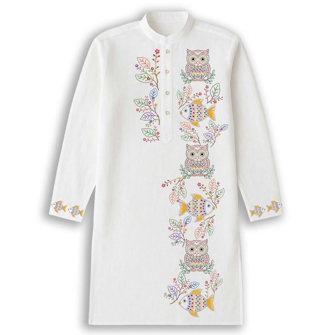 Owl and fish Kantha stitch style art HD printed on Smarteez Bengali panjabi for men