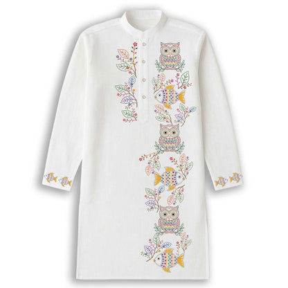 Owl and fish Kantha stitch style art HD printed on Smarteez Bengali panjabi for men
