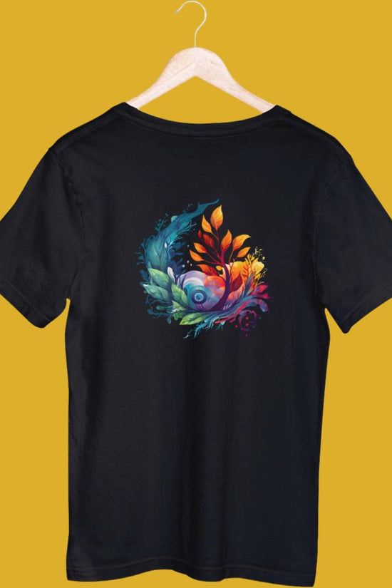 Floral Graphic Tee in black with a vibrant abstract floral design. Made from 100% bio-washed cotton, this regular-fit unisex T-shirt offers comfort and style.