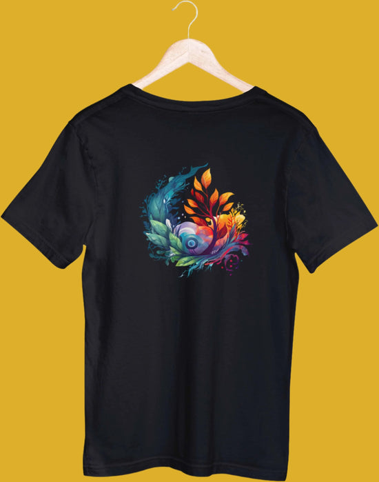 Floral Graphic Tee in black with a vibrant abstract floral design. Made from 100% bio-washed cotton, this regular-fit unisex T-shirt offers comfort and style.