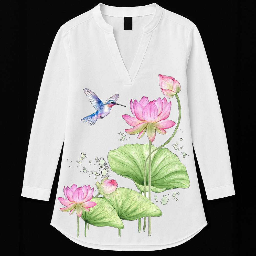 Floral Serenity Kurti featuring lotus and bird print on white cotton fabric with V-neck and three-quarter sleeves. Ideal for elegant casual wear.