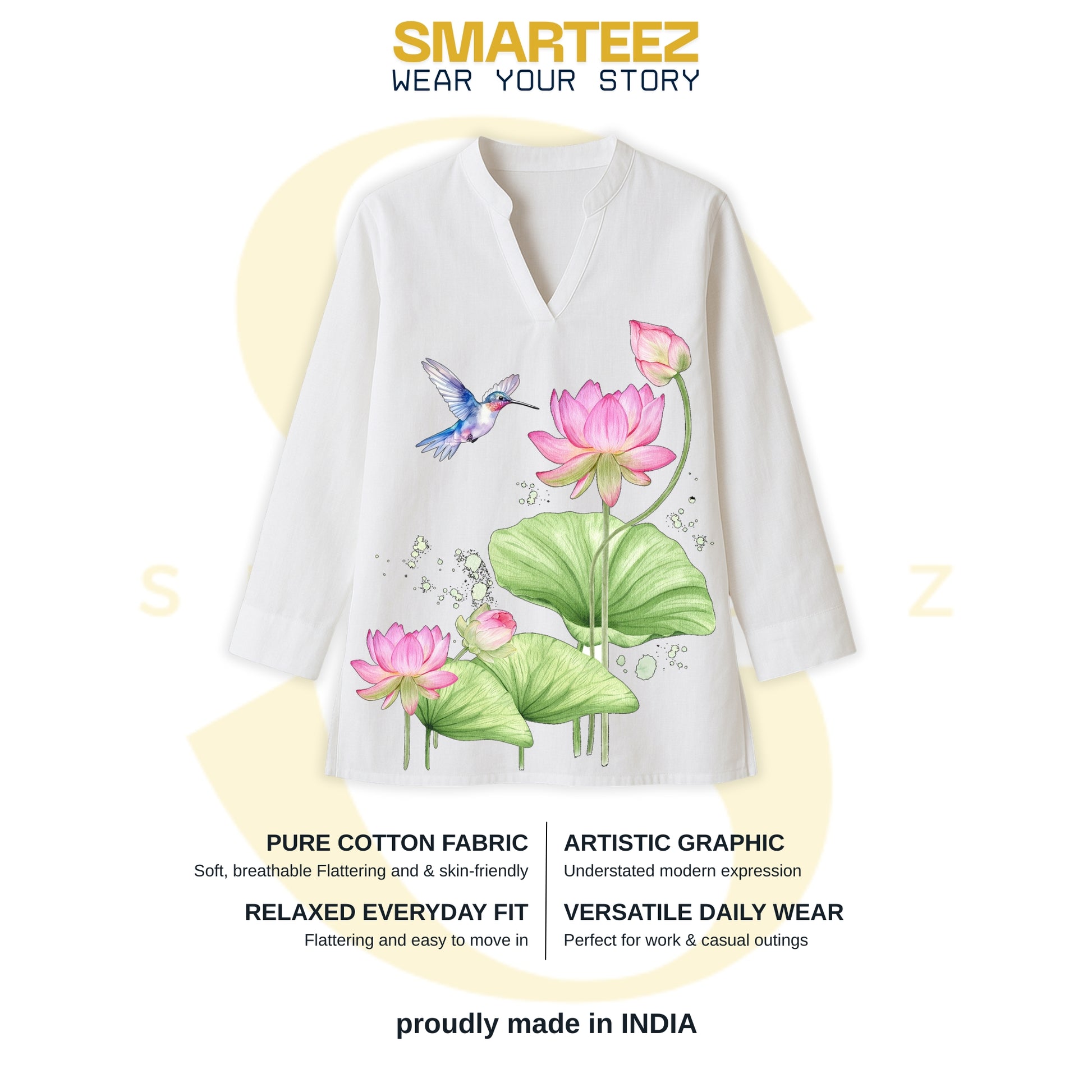 Floral Serenity – Lotus & Bird Print Women’s Kurti