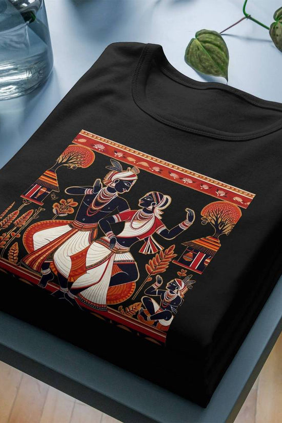 Bengali Folk Art T-Shirt featuring a vibrant Patachitra dance design on soft black cotton. Traditional handcrafted style celebrating Bengal's heritage.