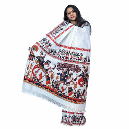 Folk Dance Patachitra Saree — Tribal Festival Art on Handloom Khadi Cotton