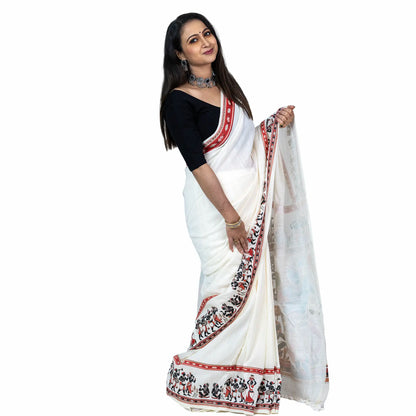 Folk Dance Patachitra Saree — Tribal Festival Art on Handloom Khadi Cotton