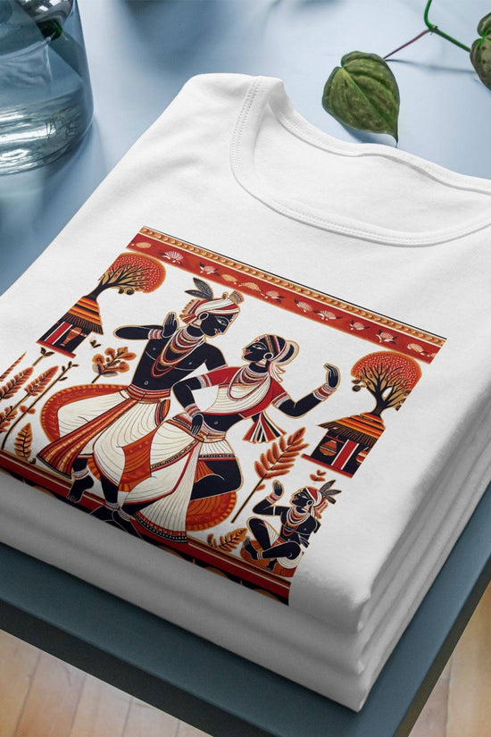 Bengali Folk Art T-Shirt featuring a traditional Patachitra dance design. Soft cotton fabric, showcasing intricate folk motifs, perfect for cultural fashion.