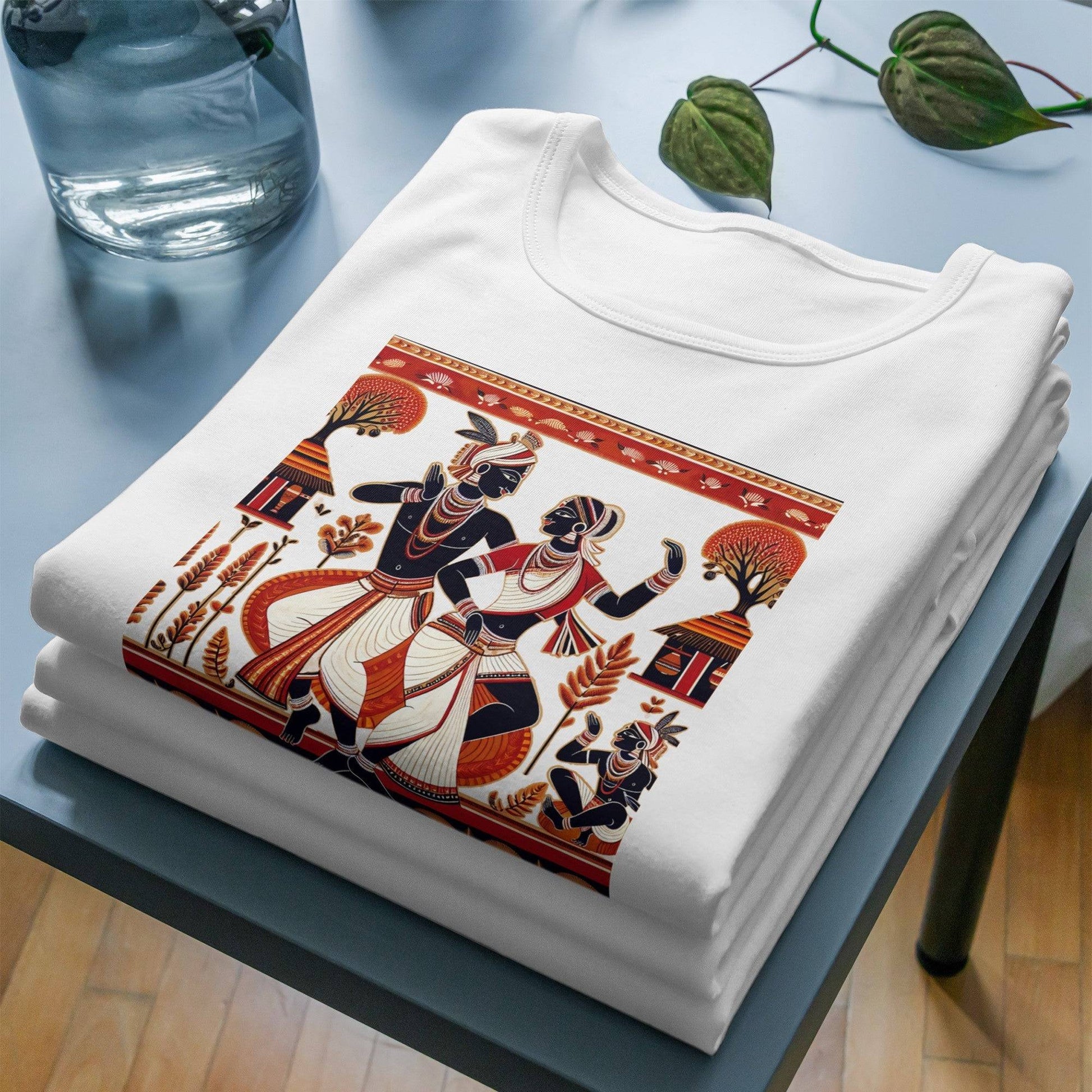 Bengali Folk Art T-Shirt featuring a traditional Patachitra dance design. Soft cotton fabric, showcasing intricate folk motifs, perfect for cultural fashion.