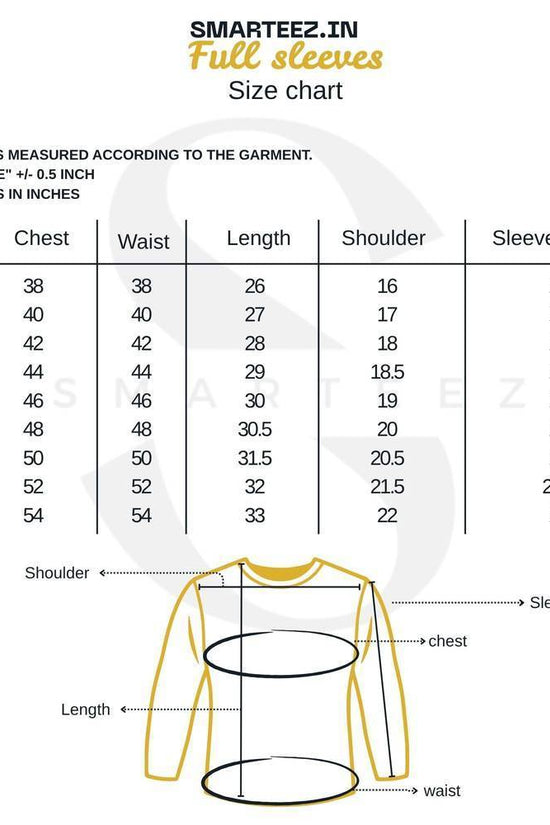 Size chart for full sleeves Pather Panchali T-shirt by Smarteez, showing chest, waist, length, shoulder, and sleeve measurements in inches.