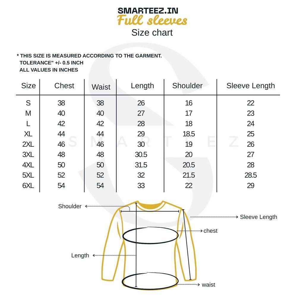 Size chart for full sleeves Pather Panchali T-shirt by Smarteez, showing chest, waist, length, shoulder, and sleeve measurements in inches.