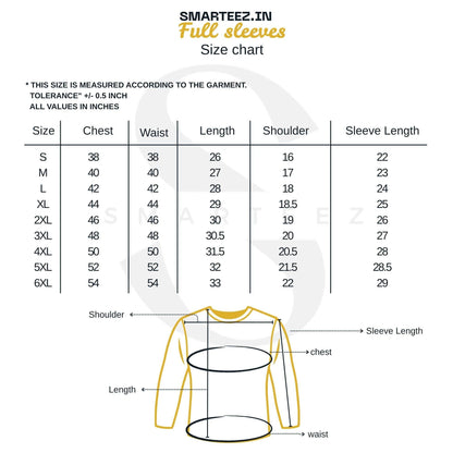 Size chart for Banshiwala Full Sleeves T-Shirt showing measurements from S to 6XL, including chest, waist, length, shoulder, and sleeve length.