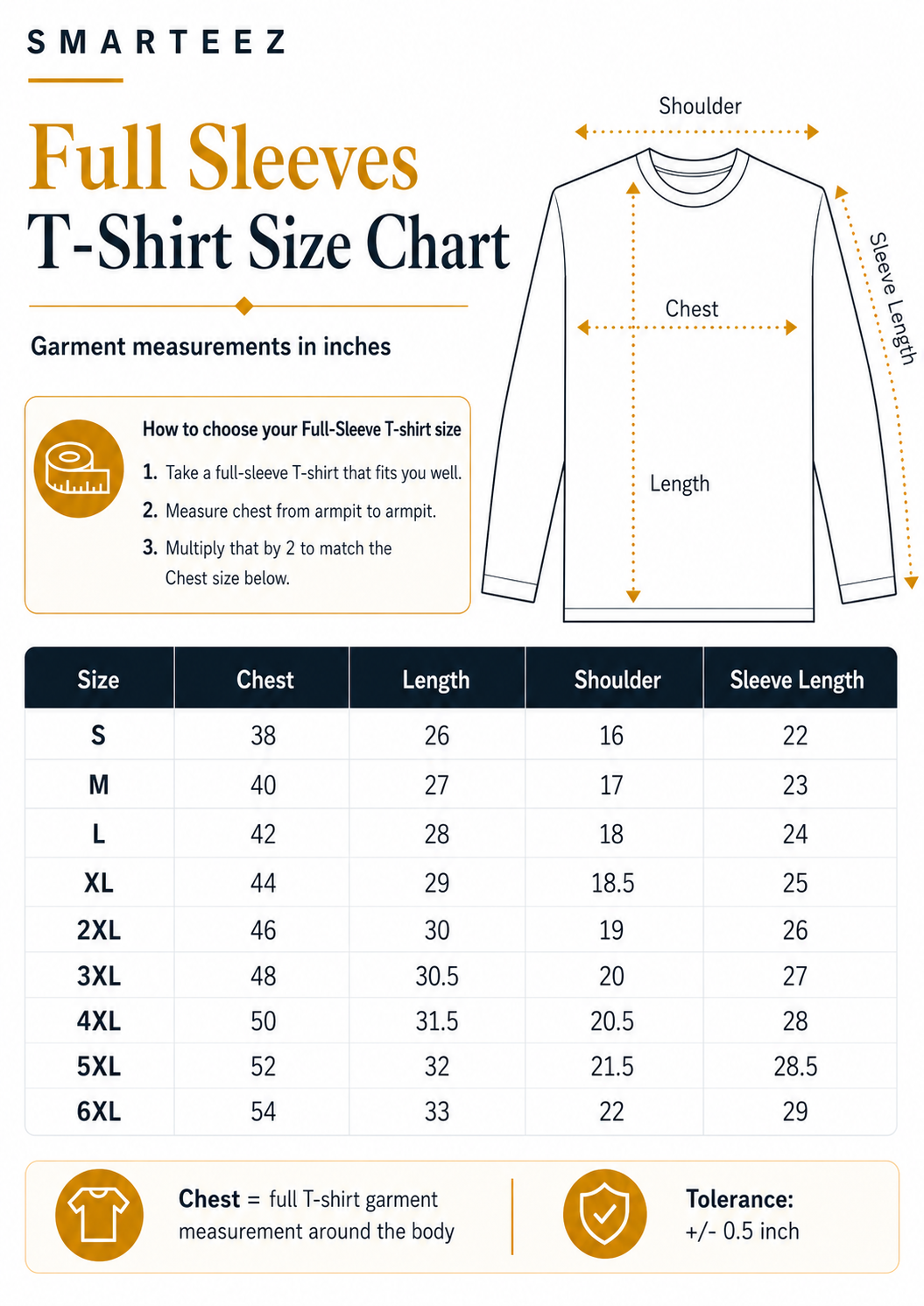 Full Sleeves T-Shirt size chart