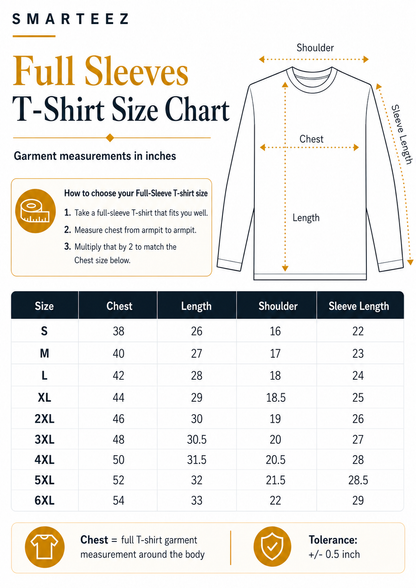 Full Sleeves T-Shirt size chart
