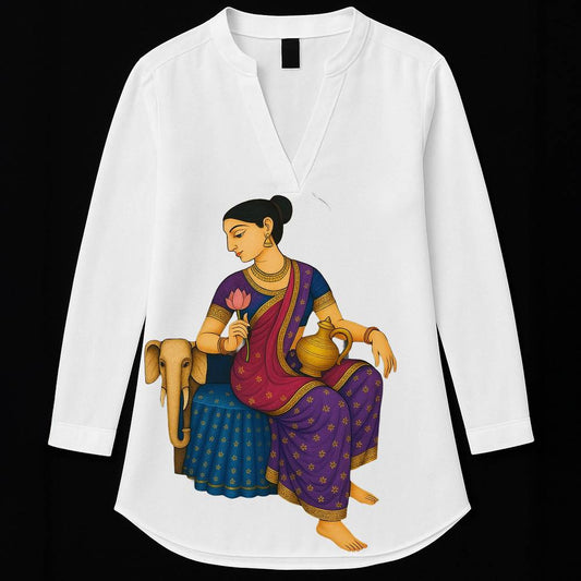 Gaja Lakshmi Kurti in Jamini Roy folk art style featuring Goddess Lakshmi with lotus and kalash, on white tunic top. Bengal heritage apparel.