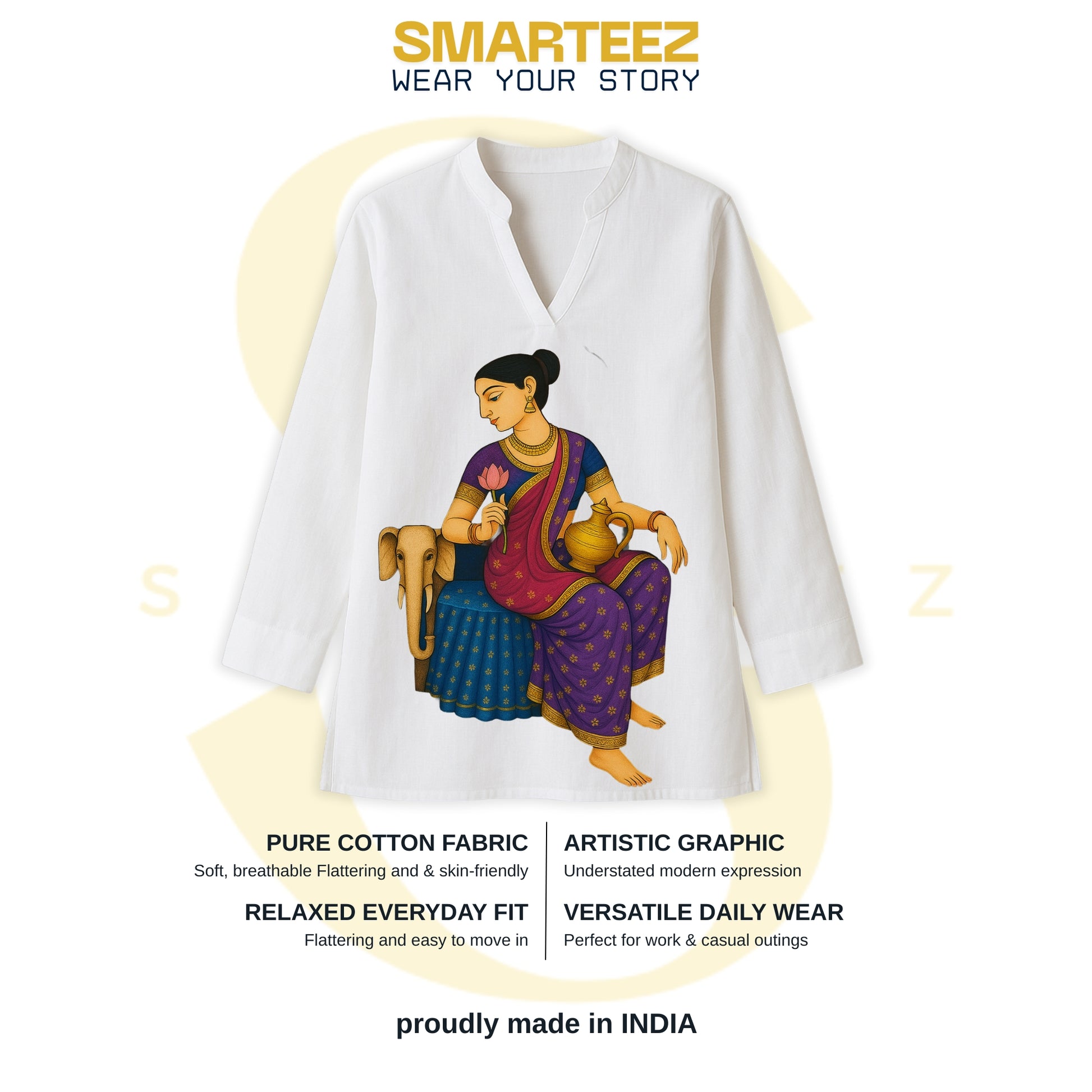 Gaja Lakshmi – Jamini Roy Style Bengali Folk Art Kurti