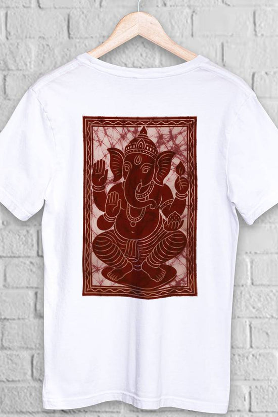Lord Ganesha T-Shirt in Batik style featuring a detailed maroon print on white cotton fabric. Unisex spiritual wear ideal for cultural events.