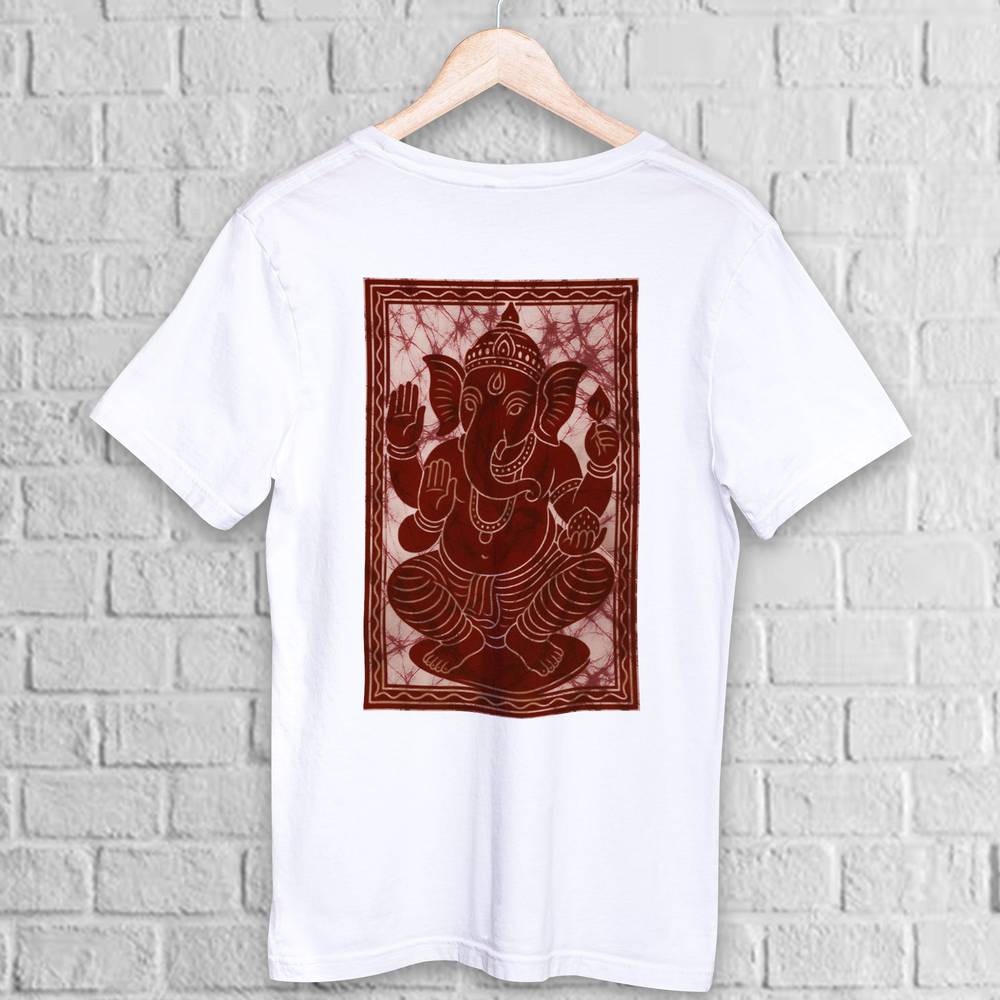 Lord Ganesha T-Shirt in Batik style featuring a detailed maroon print on white cotton fabric. Unisex spiritual wear ideal for cultural events.