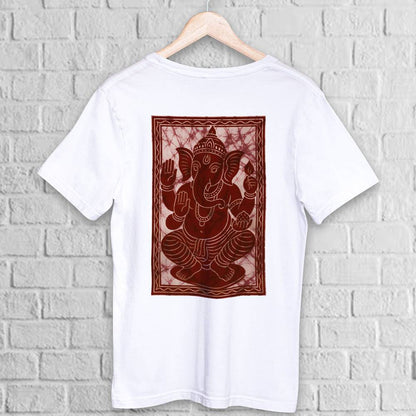 Lord Ganesha T-Shirt in Batik style featuring a detailed maroon print on white cotton fabric. Unisex spiritual wear ideal for cultural events.
