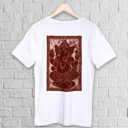 Lord Ganesha T-Shirt in Batik style featuring a detailed maroon print on white cotton fabric. Unisex spiritual wear ideal for cultural events.